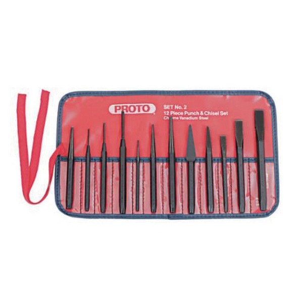 Punch and Chisel Set, 3/16 to 1/2 in Chisel, 1/16 to 3/8 in Punch, 6 in Overall Length, 7 Punches, 5 Chisels, 12 Piece, Corrosion-Resistant: Yes, S2 Steel, Black Oxide
