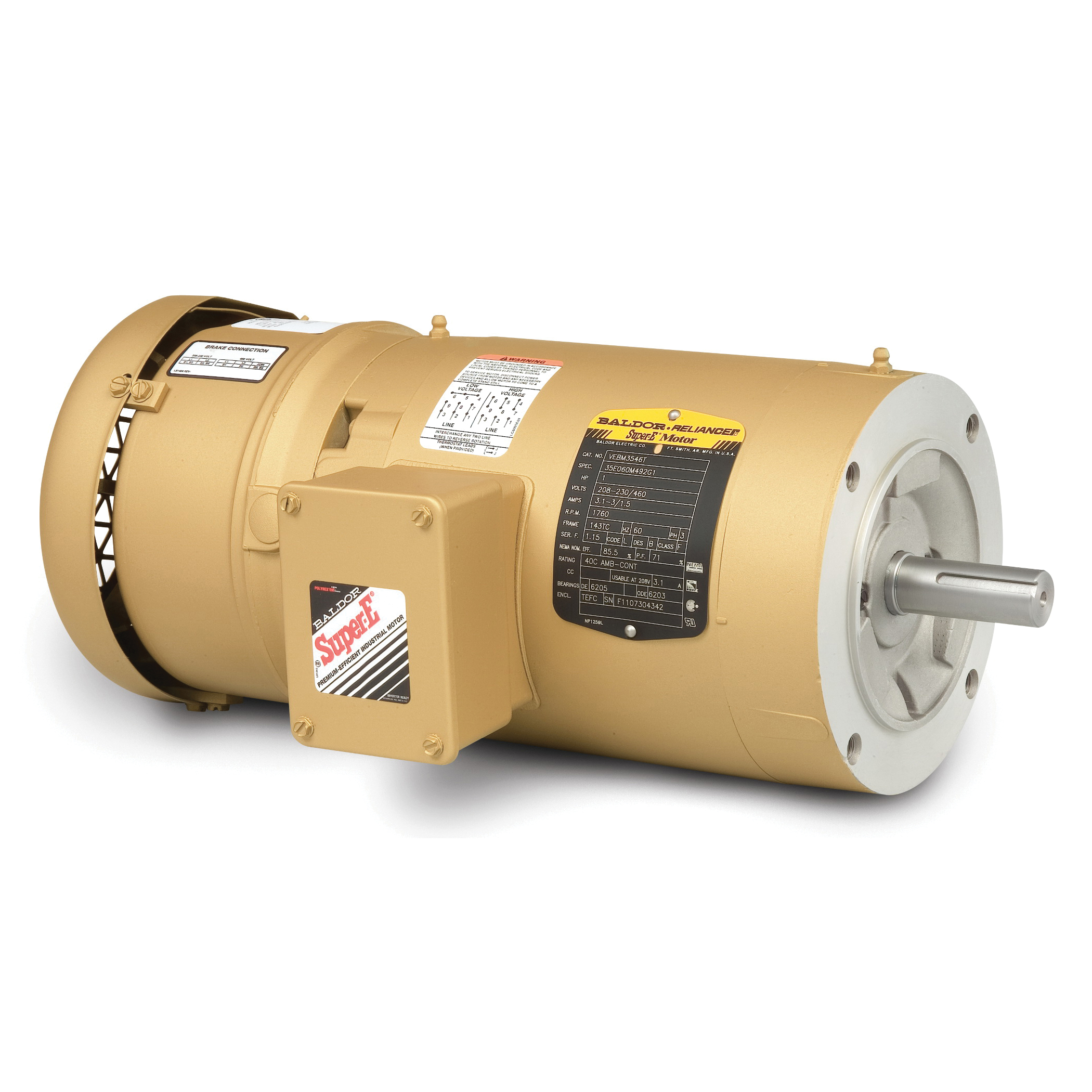 AC Motor, 1 HP, 208/230/460 VAC, 3.1/3/1.5 A, 60 Hz Frequency, 3 ph, 1760 RPM Speed, 1 Speed, Totally Enclosed Fan Cooled Enclosure, 143TC Frame, 7/8 in Shaft, Reversible Rotation, 1.15 Service Factor, Ball Bearing, 6 ft-lb Torque, C-Face Footed Mounting, 40 to 76 C, Insulation Class: Class F, Steel, 16.86 in L x 10.26 in W Dimensions