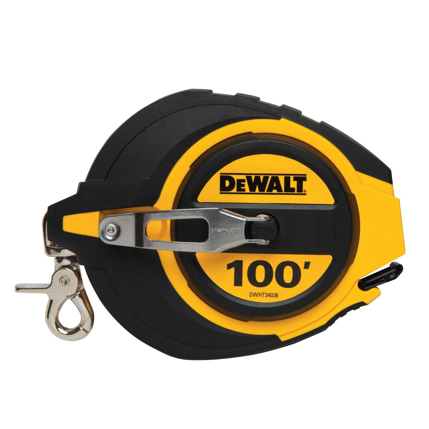Measuring Tape, Measuring System: Imperial, 100 ft Blade Length, 3/8 in Blade Width, Steel Blade, Graduations: 1/8 in, Manual Rewind, Pushbutton Locking, Closed Case, ABS Case, Yellow Case