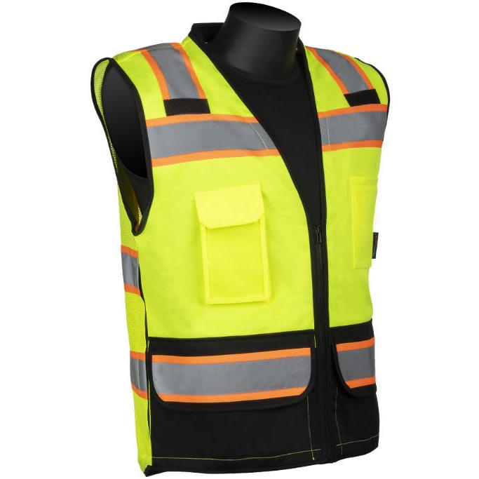 Surveyor Vest, Reflective, Series: C16032GB, 2XL Size, Hi-Viz Green, Mesh/Polyester, Front Zipper Closure, 8 Pockets, ANSI Class: Class 2