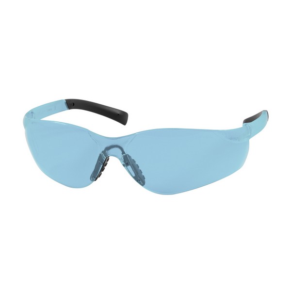 Safety Glasses, 1-Piece Lens, Series: Zenon Z14SN™ 250-08, Universal Size, Anti-Scratch Lens Coating, Light Blue Lens, Rimless Frame, Blue Frame, Polycarbonate Frame, Polycarbonate Lens, 99.99 % UV Protection, Rubberized Tip Temple, Specifications Me