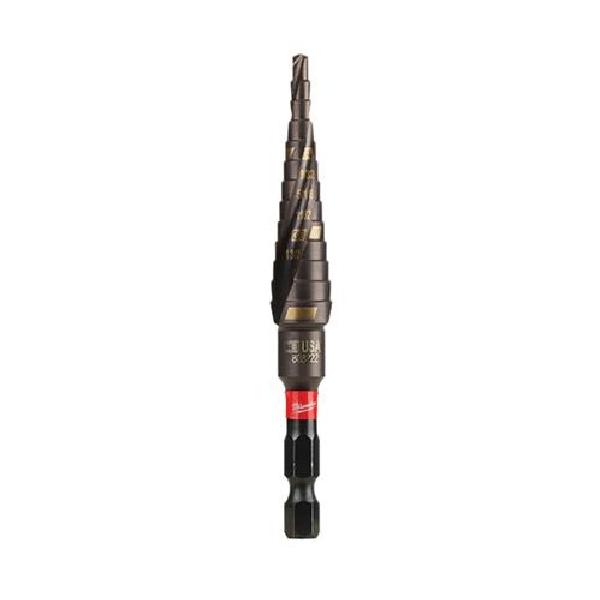 Step Drill Bit, Impact, 3/16 in Diameter Minimum Hole, 1/2 in Diameter Maximum Hole, 3-43/64 in Overall Length, 2.044 in Cutting Depth, 6 Steps, 6 Hole, 2 Flutes, Dual Spiral Flute, 2.044 in Flute Length, 1/4 in Shank, Hex Shank, Rapid Strike Tip Poi