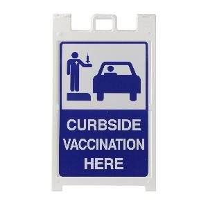 A-frame Sign Stand, Curbside Vaccination, Legend: CURBSIDE VACCINATION HERE, Aluminum/Plastic, Floor Standing Mounting, 36 in Height, 24 in Width