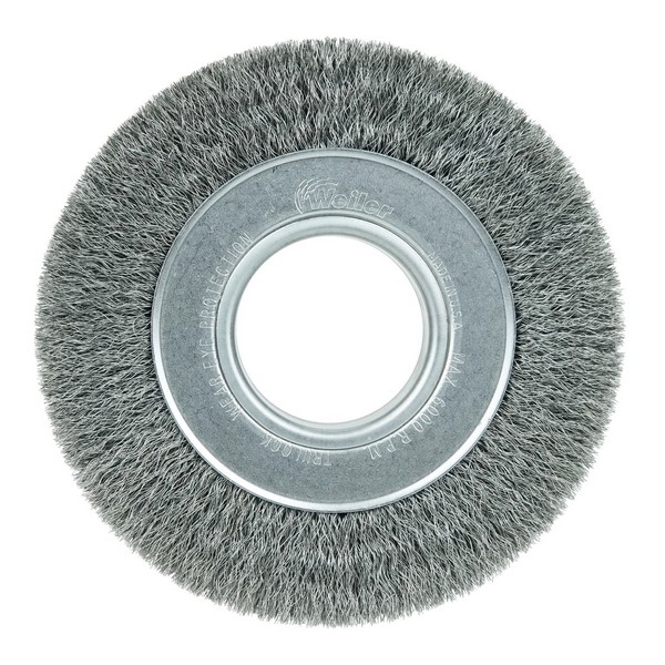 Wire Wheel Brush, Wide Face, 6 in Brush Dia, 1-1/4 in Brush Width, 2 in, Crimped Wire, 0.006 in Wire Dia, Steel Wire, 1-1/8 in Trim Length, 6000 RPM Max