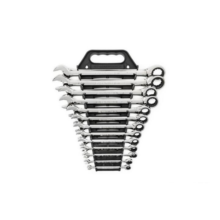 Combination Ratcheting Wrench Set, Long Length, Imperial System of Measurement, 1/4 to 1 in, 13 Piece, 12-Point, Polished Chrome