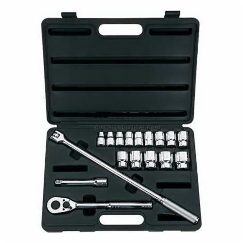 Socket Set, Measurement System: Imperial, 1/2 in Drive, Pear Head Shape, 12 Points, Flexible Handle, 17 Piece, Sockets Included: Yes, Specifications Met: ANSI Specified, Steel, High Polished Chrome