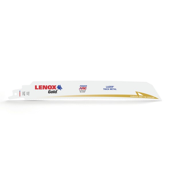 Reciprocating Saw Blade, Power Arc Curved, 9 in Length, 1 in Width, 0.042 in Thickness, 10, Reinforced/Tapered Pitch Teeth, 1/2 in Tang, Universal/Toothed Edge Tang, HSS Cutting Edge, Flexible Steel Body, Titanium Coated, Applicable Materials: Thick