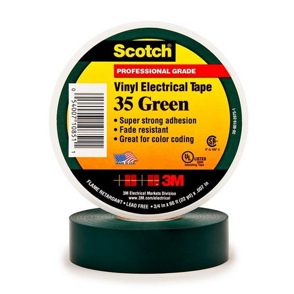 Electrical Tape, 1-Sided Premium Grade, 66 Foot Length, 3/4 Inch Width, 7 mil Thickness, PVC, Green, Rubber Resin Adhesive, PVC Backing, 20 in-oz Adhesion Strength, 600 VAC, 1250 V/mil Dielectric Strength, 17 in-lb Tensile Strength, 220 °F Maximum Operating