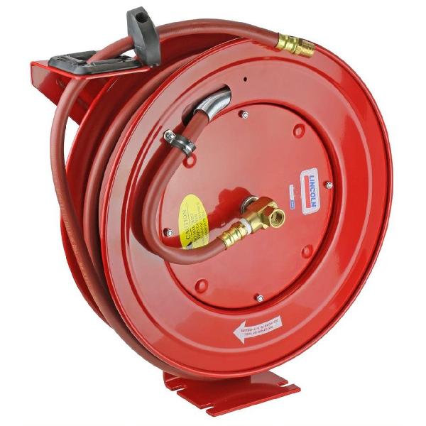 Air Hose Reel, Air Hose, 50 ft Hose, 300 PSI Pressure, 18-9/16 in Reel Diameter, 8-1/8 in Reel Width, Brass Swivel, 22 (H) x 20 (L) x 9 (W) Dimensions, Steel/Rubber/Brass, Powder Coated, Red, Import