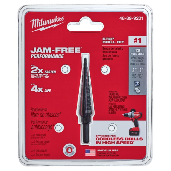 Step Drill Bit, Imperial, #1 Letter/Wire, 1/8 in Diameter Minimum Hole, 1/2 in Diameter Maximum Hole, 13 Steps, 13 Hole, 2 Flutes, 1/4 in Shank, 3-Flat/Reduced Shank, HSS Cutting Edge, HSS, Black Oxide, Applicable Materials: Metal and Plastic