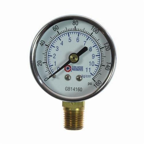 Pressure Gauge, Analog Dry Round, 0 to 160 psi Pressure, 1/4 in MNPT Connection, 2 in Diameter Dial, +/- 3-2-3 Percent Accuracy, Bottom Mounting