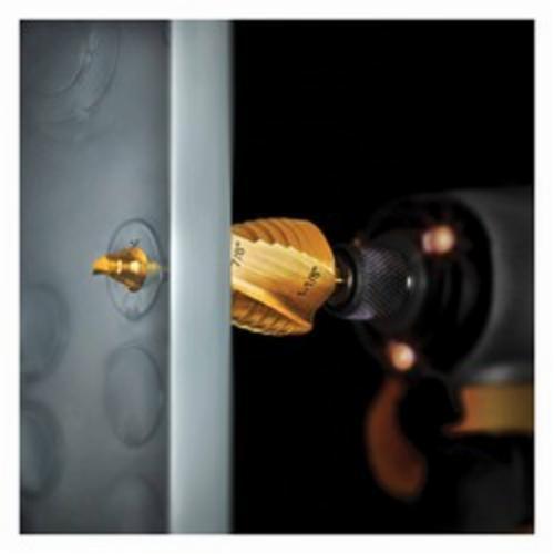 Step Drill Bit, High Performance Impact-Rated, Imperial, 1/8 in Diameter Minimum Hole, 1/2 in Diameter Hole, 3-13/32 in Overall Length, 13 Steps, 5/32 in Step Depth, 13 Hole, 2 Flutes, Spiral Flute, 1/4 in Shank, Hex Shank, 135 deg Point, Split Point