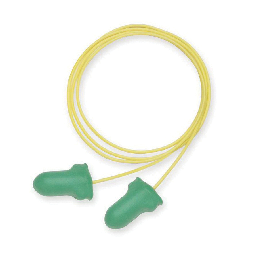 Ear Plug, Corded Single Use, Series: MAXIMUM LITE®, 30 dB Noise Reduction Rating, Contoured T-Shape, Universal, Green Plug, Polyurethane Foam Plug, Yellow Cord, Polycarbonate Cord