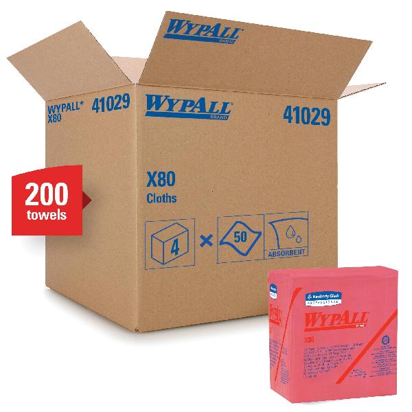 Disposable Wiper, Series: X80, 12 in Width, 12-1/2 in Length, Red, Hydroknit*, 1/4 Fold Packing, 1 Ply