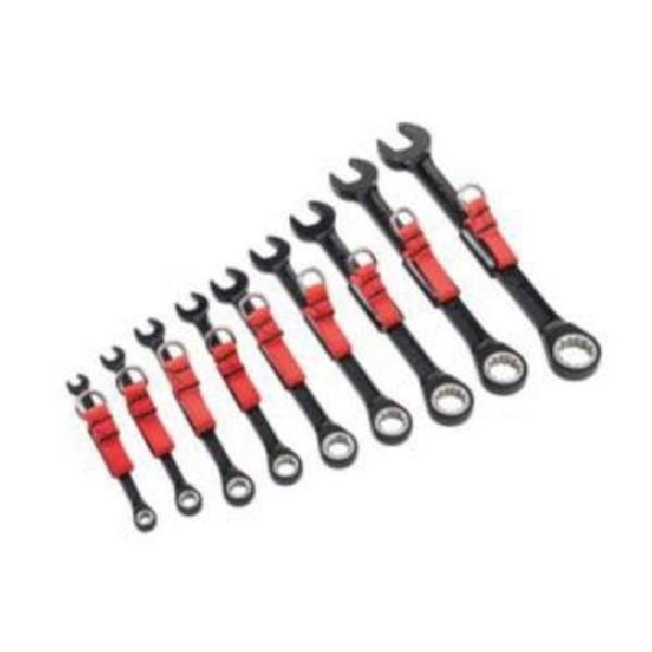 Combination Wrench Set, Anti-Slip Non-Reversible Ratcheting Tether Ready, Imperial System of Measurement, 1/4 to 3/4 in, 9 Piece, For Use With: 4, 6, 12 Point, Spline and Torx® Fastener, 12 Point, Spline Point, Box/Open End Drive, Polished Chrome/Bla