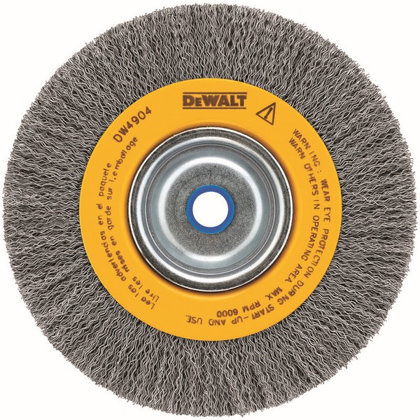 Bench Grinder Brush, Medium Face, 6 in Diameter Brush, 3/4 in Face Width, 5/8 to 1/2 in Arbor Hole, Crimped Wire Filament/Wire, 0.014 in Dia Filament/Wire, Carbon Steel Fill, 1-1/8 in Trim Length, 6000 RPM Maximum