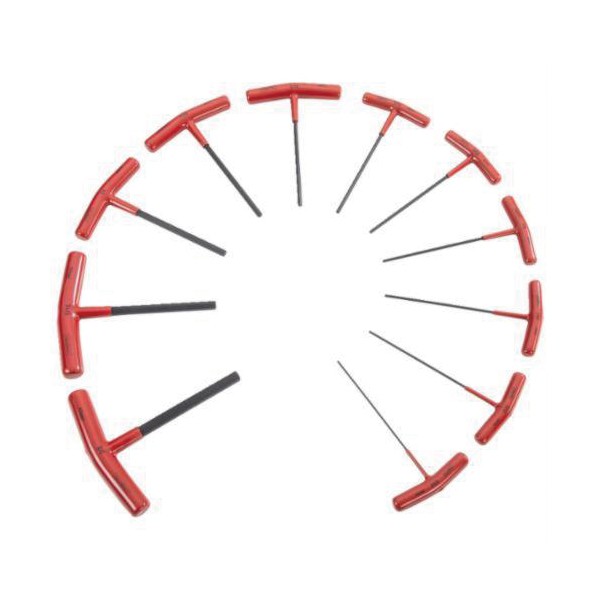 Hex Key Set, Long Arm, Measurement System: Imperial, 11 Piece, 5/64 to 3/8 in Hex, Ergonomic Grip/T-Handle Handle, Specifications: 6 in L Handle, Vinyl Handle, Tether Ready, Alloy Steel, Black Oxide