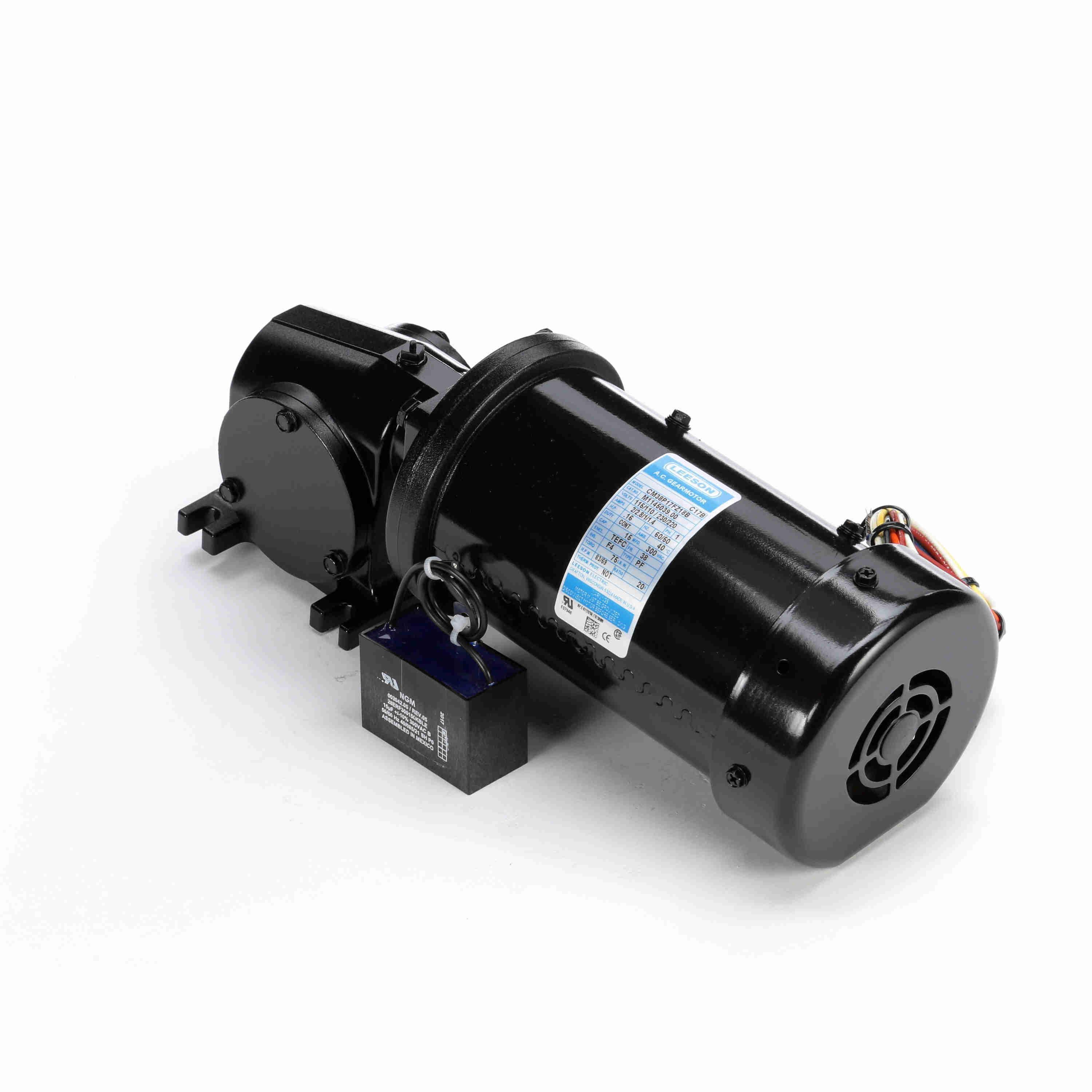 Gear Motor, 0.16 hp, 60 Hz Frequency, 1 ph, 83 RPM Maximum, 0.63 in Shaft Diameter, 2.74 in Shaft Length, Reversible Rotation, 75 in-lb Torque, 20:1 Gear Ratio, Worm Gear, Permanent Split Capacitor Motor, Ball Bearing, 235 lb Overhung Load, Special Mounting, 40 °C, Class F Insulation, Totally Enclosed Fan Cooled Enclosure, Aluminum Housing Material