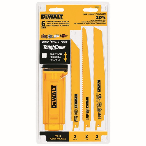 Reciprocating Saw Blade Set, Straight Tapered, 6 Piece, Bi-Metal, Anti-Stick Coated, Yellow, 6 in L x 6.563 in W