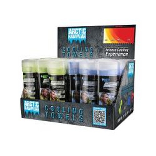 Cooling Towel Counter Display, Mixed, 26 x 17 in Size, Blue/Lime, 2 to 3 min Soaking