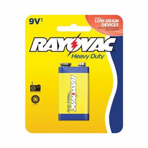 Standard Battery, Heavy Duty, Zinc Carbon Chemical System, 9 VDC Nominal, 620 mAh Nominal, 9 V Battery, Snap Terminal, Steel Case, For Use With: Portable Radios, Smoke Detectors, Calculators, Clocks, Toys and Remote Control Units, 26.5 mm L x 17.5 mm