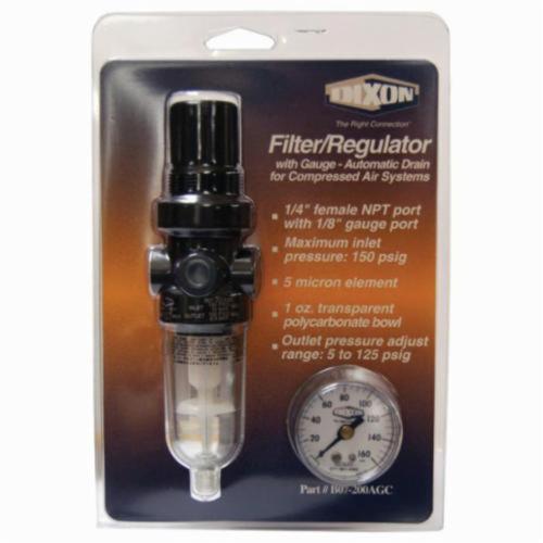 Filter/Regulator, General Purpose Miniature Relieving, Series: Series 1 B07, 1/4 Inch PTF Port, 14 scfm, Polycarbonate Bowl, 5 to 100 psi Adjustment, Zinc