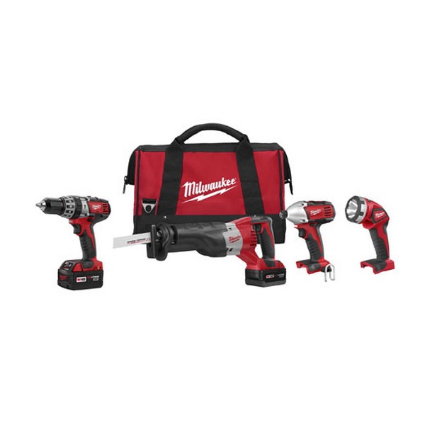 Cordless Combination Kit, 4-Tool, Kit, Hammer Drill, Impact Wrench, 18 VDC, Lithium-Ion, 3 Ah Battery, Specifications: Keyless Blade, 8 Piece, Red