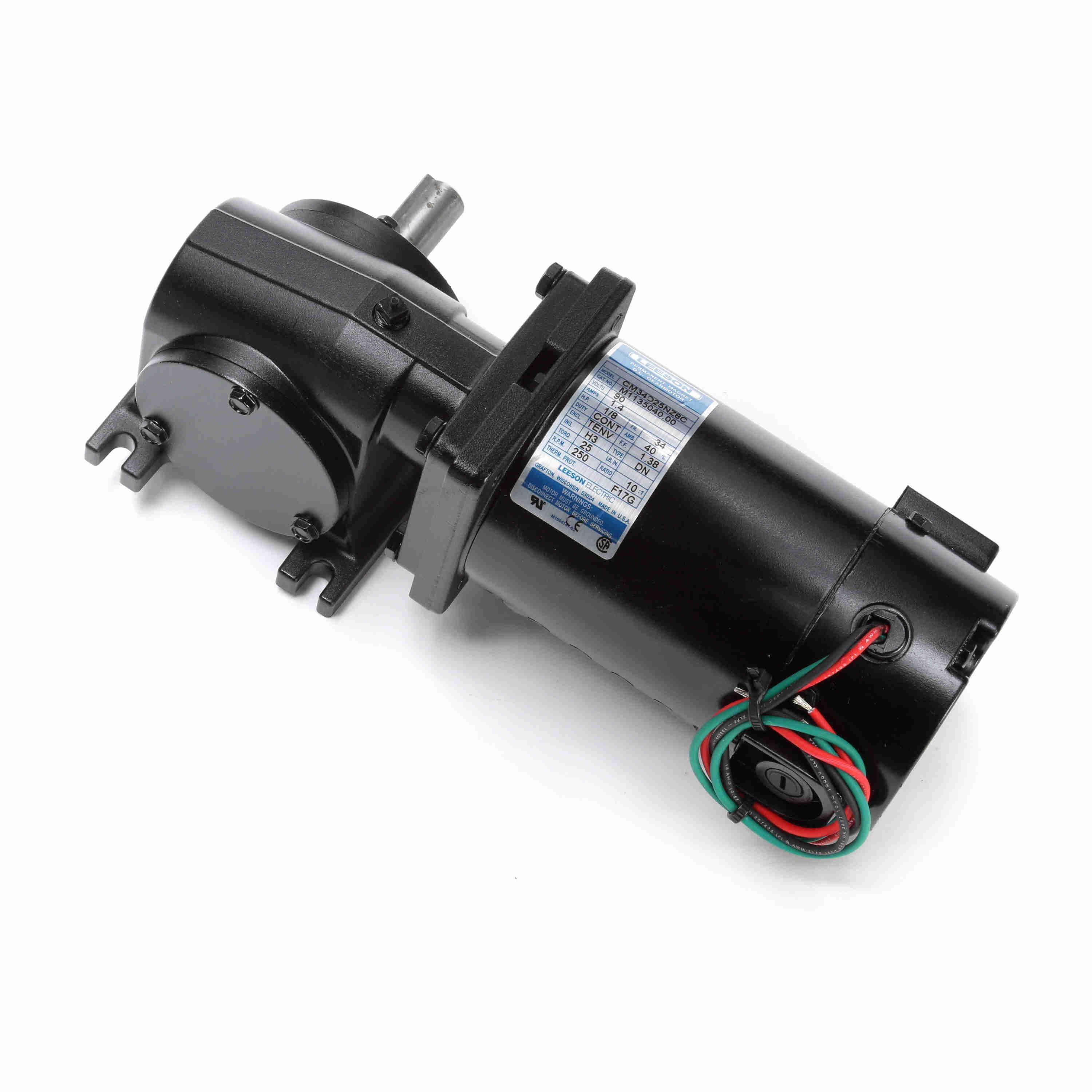 Gear Motor, Right Angle Continuous Duty, 90 V DC, 1.4 A Full Load Amperage, 0.13 hp, 250 RPM Maximum, 0.63 in Shaft Dia, 1.8 in Shaft Length, Reversible, 25 in-lb, 10:1 Gear Ratio, Worm Gear, Ball Bearing, 235 lb Overhung Load, Special Mount, 40 °C, Class H Insulation, Totally Enclosed Nonvented (TENV), Aluminum Housing, 10.64 in L x 6.58 in H