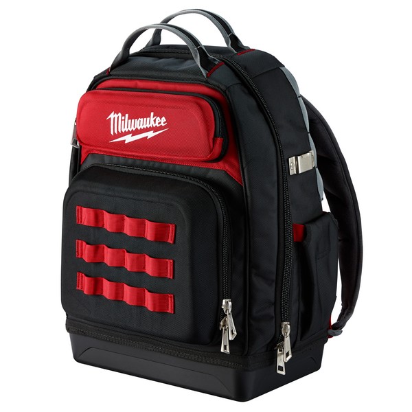 Ultimate Jobsite Tool Backpack, Zipper, 9.44 in L x 18 in W x 20.4 in D Outside, 1680D Ballistic Nylon, Black/Red, 26 Compartments