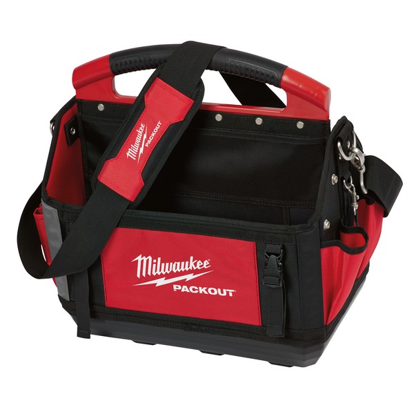 Tool Tote, General Purpose Open, 17 in L x 15 in D Outside, 1680D Ballistic Nylon, Black/Red, 32 Compartments