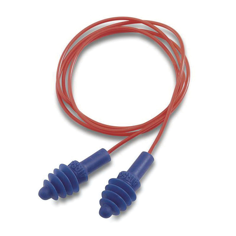 Earplugs, Multi-Use, Series: AirSoft®, Corded, 27 dB Noise Reduction Rating, 4-Flange, M, Blue Plug, Thermoplastic Elastomer Plug, Red Cord, Nylon Cord, 2003/10/EC, 89/686/EEC, ANSI S12.6/1997, ANSI S3.19-1974, EN 352-2:1993, Z94.2-1994 Specifications Met, Reusable Disposable/Reusable