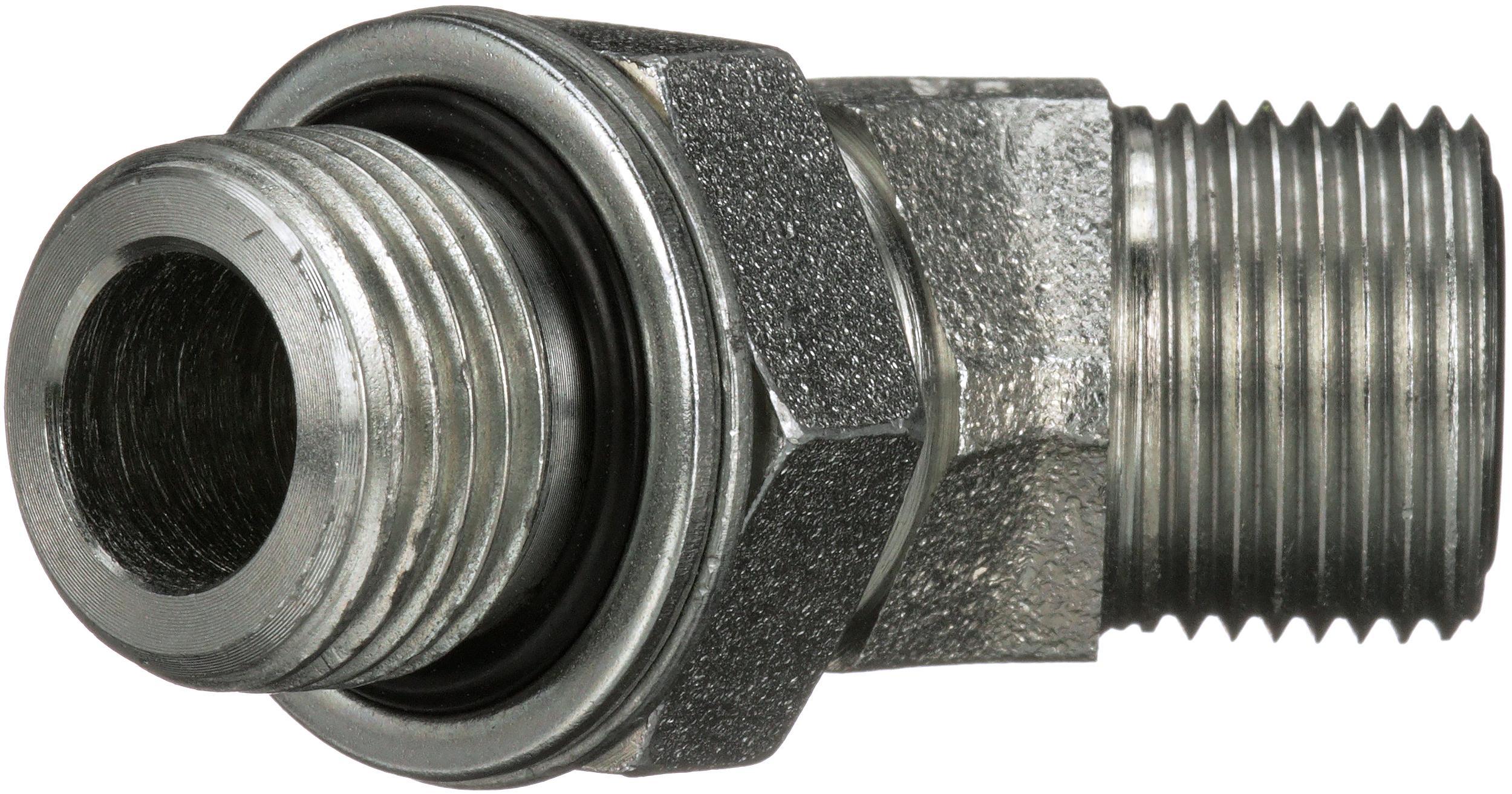 Hydraulic Adapter, Block, Series: G62, 1/8-28 x 9/16-18 Nominal, Male Pipe Parallel with O-Ring x Male Flat-Face O-Ring End Style, 45° Angle, 6000 psi Pressure, Steel, Import