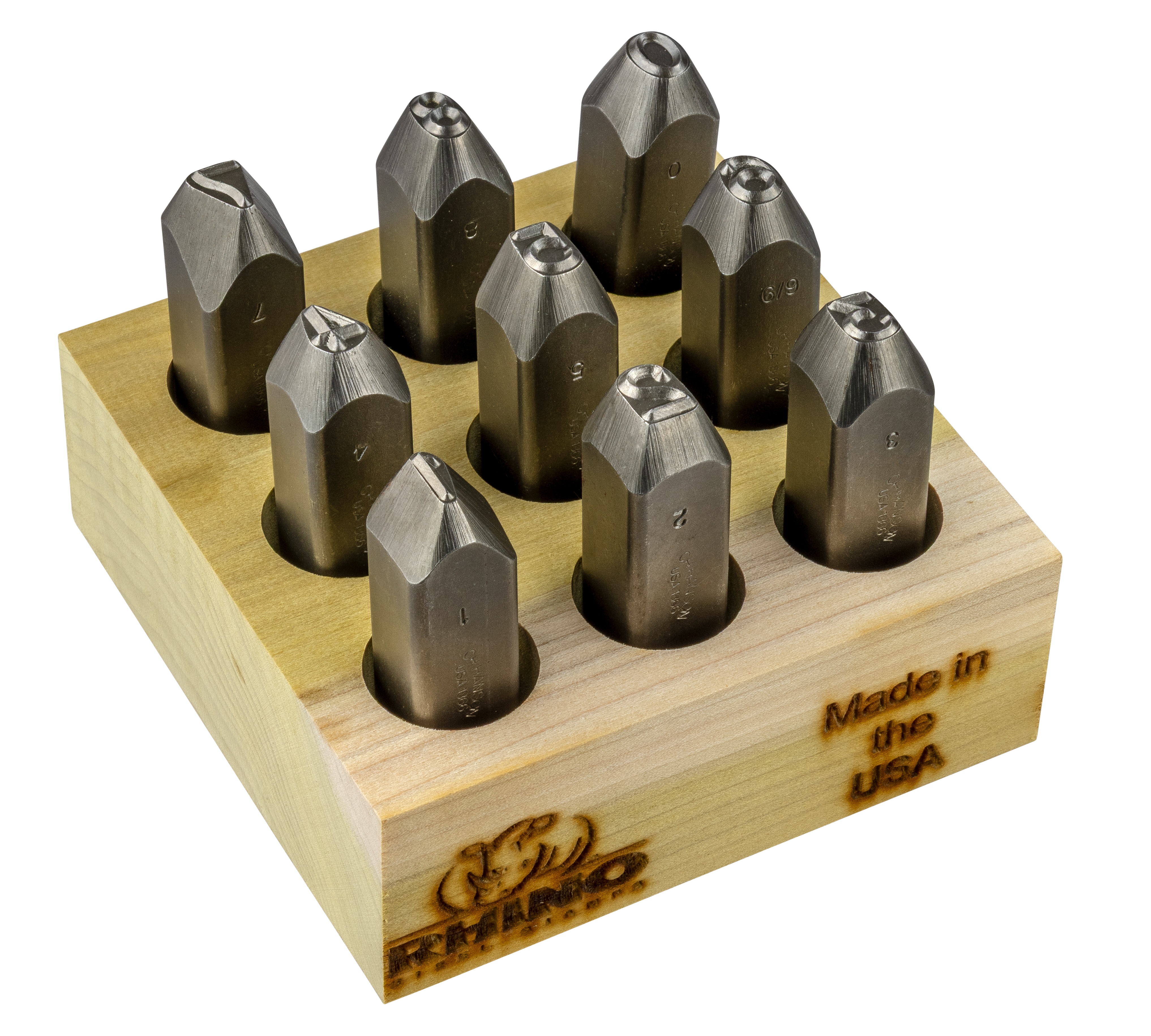 Number Stamp Set, 9-Piece, Series: Rhino, Character: 0 to 9, 3/16 in Character Height, 3-1/2 in Shank Length, 9/16 in Shank, Steel, 50 HRC Hardness, Wood Case, Character and Size are Marked on Thumb Side Indication