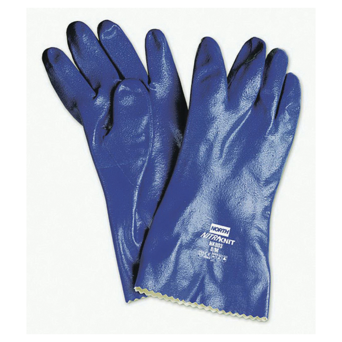 Chemical-Resistant Gloves, High Performance Multi-Dipped, Series: Nitri-Knit™ NK803, 10 Size, Nitrile, Blue, Rough, Ambidextrous Hand, Rough Grip Style, Cotton Interlock Lining, Pinked Cuff, Supported Support, Nitrile Coating, 12 in Length, Resists: Abrasion, Animal Fat, Chemical, Cut, Puncture, Snag and Solvent Caustic