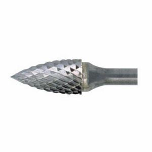 Carbide Burr, 1/2 in Diameter Head, 3/4 in Length of Cut, 2-1/2 in Overall Length, Tree Head Shape, Double Cut, 1/4 in Shank Diameter, Solid Carbide Head, Bright Head Coating, 50000 RPM Maximum