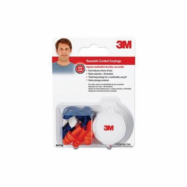 Earplugs, Corded, 25 dB Noise Reduction Rating, Triple Flange, Orange Plug, Elastomeric Plug, Blue Cord, Vinyl Cord, ANSI Specified Specifications Met, Reusable Disposable/Reusable