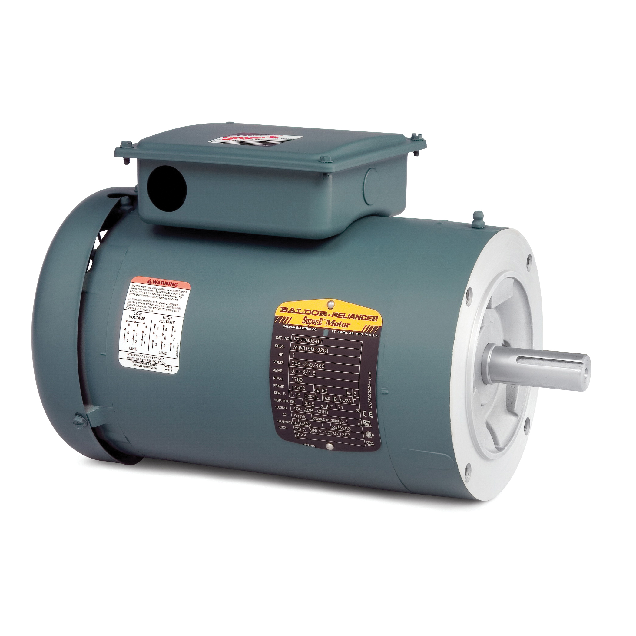 AC Motor, 1 HP, 208/230/460 VAC, 3.1/3/1.5 A, 60 Hz Frequency, 3 ph, 1760 RPM Speed, 1 Speed, Totally Enclosed Fan Cooled Enclosure, 143TC Frame, 7/8 in Shaft, Reversible Rotation, 1.15 Service Factor, Ball Bearing, 2.99 ft-lb Torque, C-Face Footless Mounting, 40 C, Insulation Class: Class F, Steel, 13.29 in L Dimensions