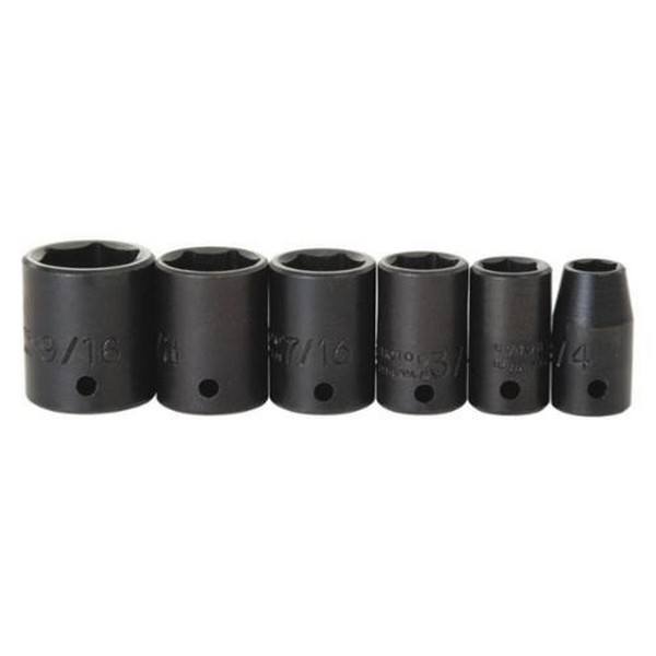 Socket Set, Standard, Yes Impact Rated, Measurement System: Metric/Imperial, 6 Piece, 6 Points, Included Socket: 1/4 to 9/16 in, 1/4 in Drive, Specifications Met: ASME B107.2, Alloy Steel, Black Oxide