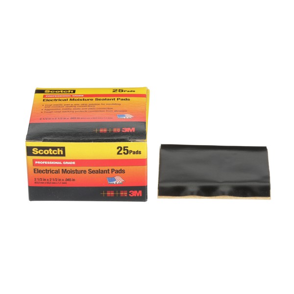 Electrical Moisture Sealant Pad, Premium-Grade, 2-1/2 Inch Length, 2-1/2 Inch Width, 45 mil Thickness, Black, Rubber Mastic Adhesive, PVC Backing, 600 VAC, 300 V/mil Dielectric Strength, 100 °F Maximum Operating, 32 °F Minimum Operating, Specifications M