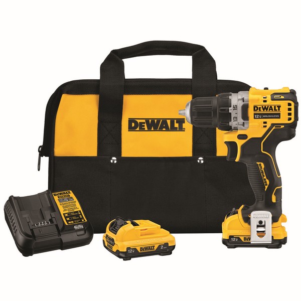 Cordless Drill/Driver Kit, Brushless, Kit Bare Tool/Kit, 3/8 in Chuck, Keyless Chuck, 0 to 425/0 to 1500 RPM No-Load, 2 Speed, 12 VDC, 2 Ah Battery, Battery Included: Yes, Plastic Housing Material, Yellow/Black, 5.97 in Overall Length, 7-1/4 in W Dim