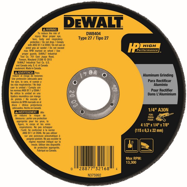 Depressed Center Grinding Wheel, Flat, 4-1/2 in Wheel Diameter, 1/4 in Wheel, 7/8 in Center Hole, Arbor Connector, 30 Grit, Medium Grade, Aluminum Oxide Abrasive, Wheel Type Number: Type 27, 13300 RPM Resin Bond, Applicable Materials: Aluminum and No