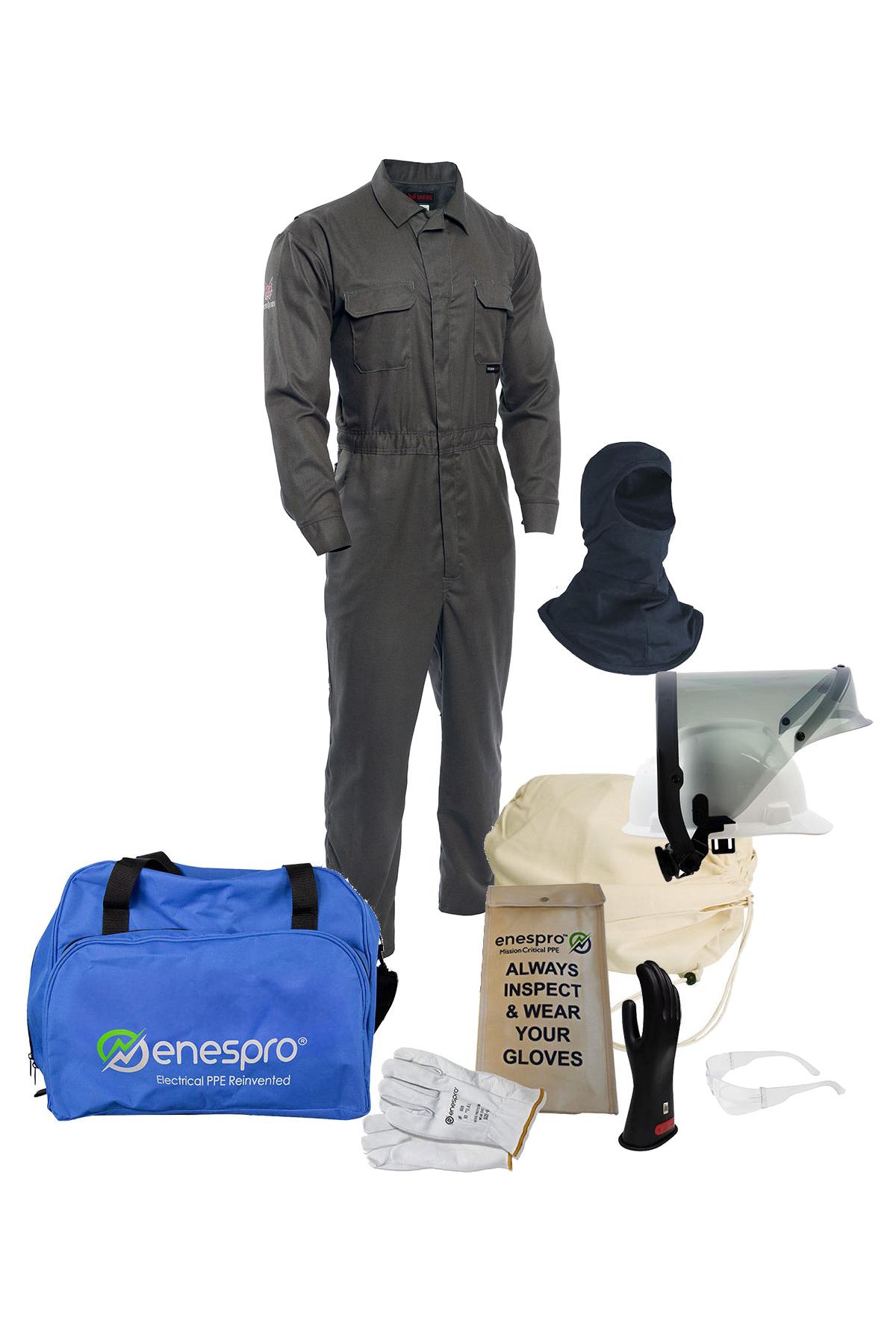 Coverall Kit, Series: KIT2TC8GPVB, 8 cal/sq-cm Hood/Face Shield Max Arc Flash, Specifications Met: ASTM F1506, CSA Z462, NFPA 70E, NFPA 2112, OSHA 1910.269, Voltage Glove, 3XL Size, TECGEN SELECT OPF Blend Twill, Gray