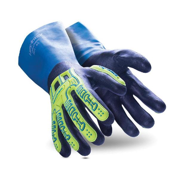 Chemical-Resistant Gloves, Series: 7071, L/SZ 9, Nitrile Palm, Nitrile, Blue, Paired Hand, Liquid Barrier, Extended Gauntlet Cuff, Nitrile, 10.2 in Length, Resists: Chemical, Cut and Impact
