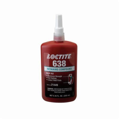Retaining Compound, High Strength, Series: 638™, Bottle, 250 mL, Green, Characteristic, -65 to 300 deg F, 1.1 Specific Gravity, 93.3 deg C Flash, 0.03 VOC, 2500 cPs Viscosity Rating, 4500 psi Shear Strength