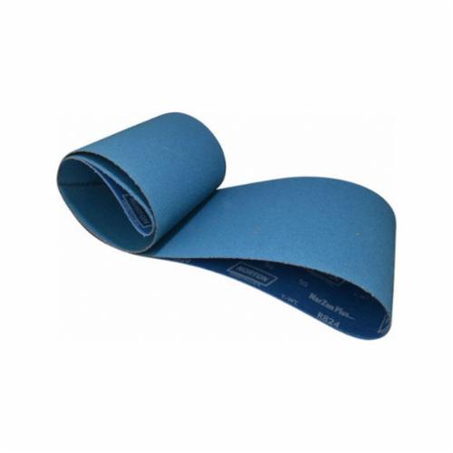 Coated Abrasive Belt, Narrow, Series: R824, 107 in Belt Length, 8 in Belt Width, 50 Grit, Coarse Grade, Zirconia Alumina Abrasive, Polyester Backing, Closed Coat, Blue, Applicable Materials: Carbon Steel, Aerospace Alloys, Nickel Alloys, Aluminum, Cast Iron, Forgings and Some Stainless Steel, Y-Weight Backing Weight