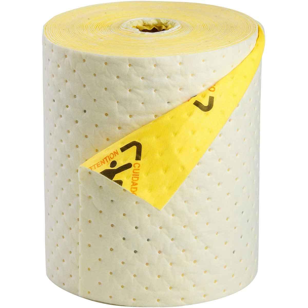 Absorbent Mat and Rug, Heavyweight High Visibility Surface, 100 Foot Length, 15 Inch Width, 13.4 gal Absorption, Fluids Absorbed: Chemical, Polypropylene, Black on Yellow