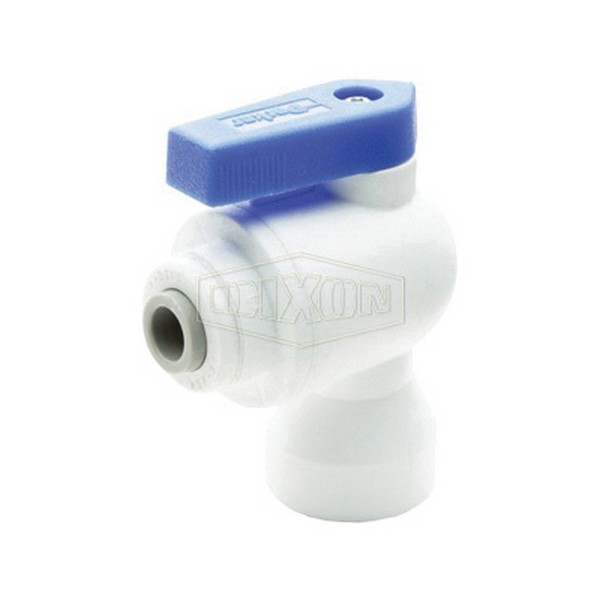 Ball Valve, 1/4 Inch Nominal, Tube x Female NPTF Elbow, 150 psi, 0 to 225 °F, Media: Fluid, Polysulfone Ball, Glass-Reinforced Polypropylene Body, EPDM O-Ring/Seal