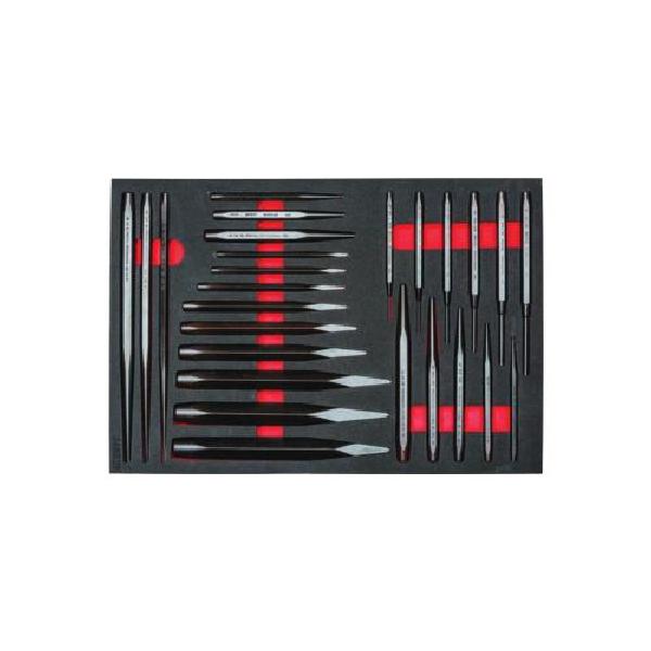 Punch and Chisel Set, 5/8 to 1 in Chisel, 1/2 to 1/8 in Punch, 11 in Overall Length, 17 Punches, 9 Chisels, 26 Piece, Corrosion-Resistant: Yes, Non-Sparking: No, Steel, Black Oxide