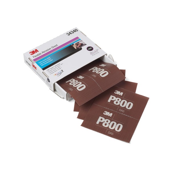 Coated Sanding Sheet, Flexible, 6.8 Inch Length, 5-1/2 Inch Width, P800 Grit, Fine Grade, Aluminum Oxide Abrasive, Film Backing, Applicable Materials: Metal, Brown