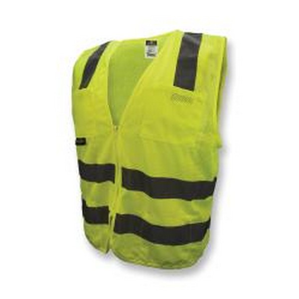 Safety Vest, Standard, Series: SV8GM, 2XL Size, Hi-Viz Green, Polyester Mesh, Silver Stripe, 30 in Chest, Zipper Closure, 6 Pockets, ANSI Class: Class 2, Specifications Met: ANSI/ISEA 107-2015 Type R